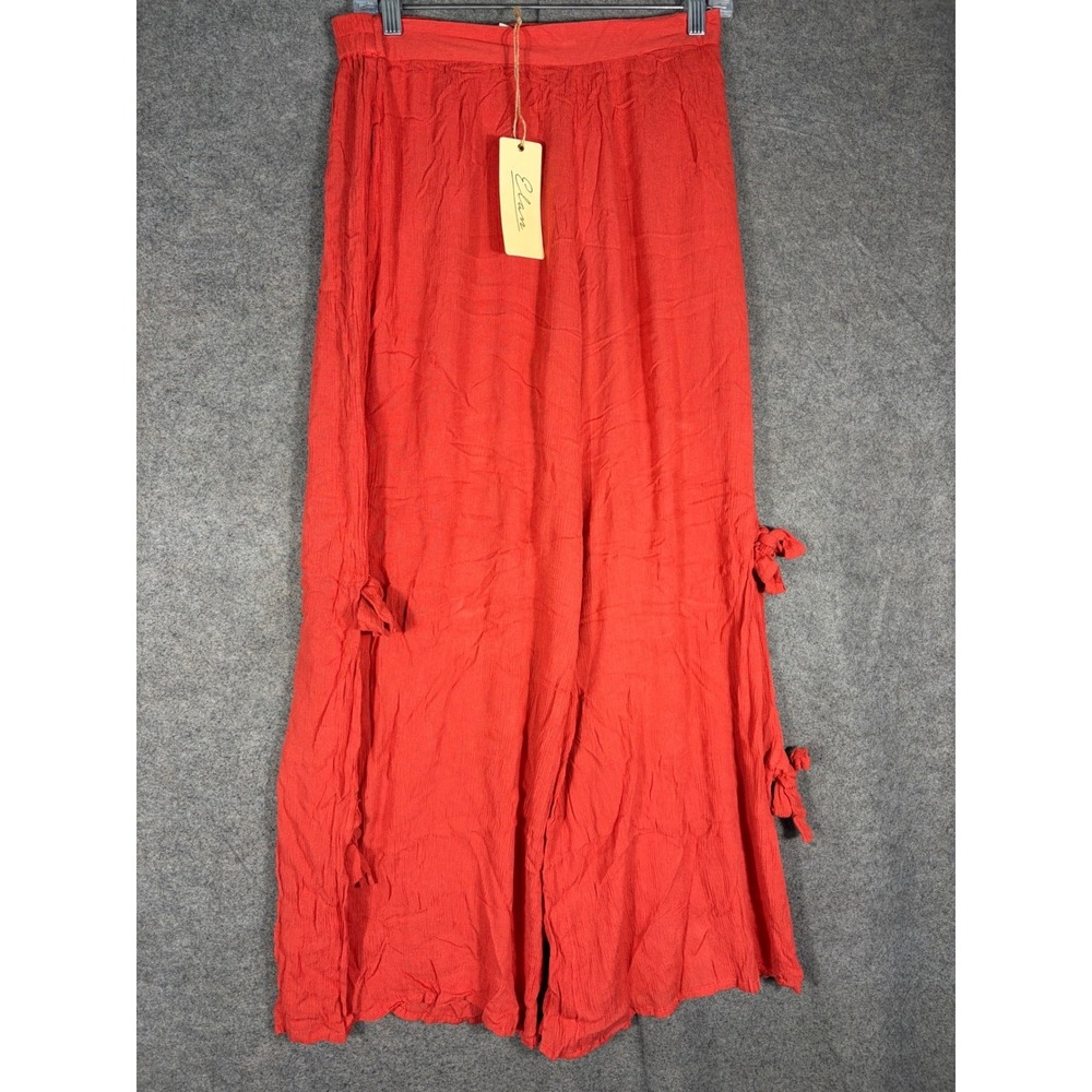 Elan Red Crinkle Gauze Wide Leg Palazzo Pants Side Slit Tie Detail Medium NWT